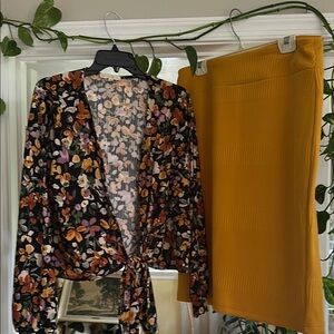 Another Reason Floral Blouse and Mustard Skirt Set